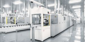 Production hall with conveyor belts and machines 