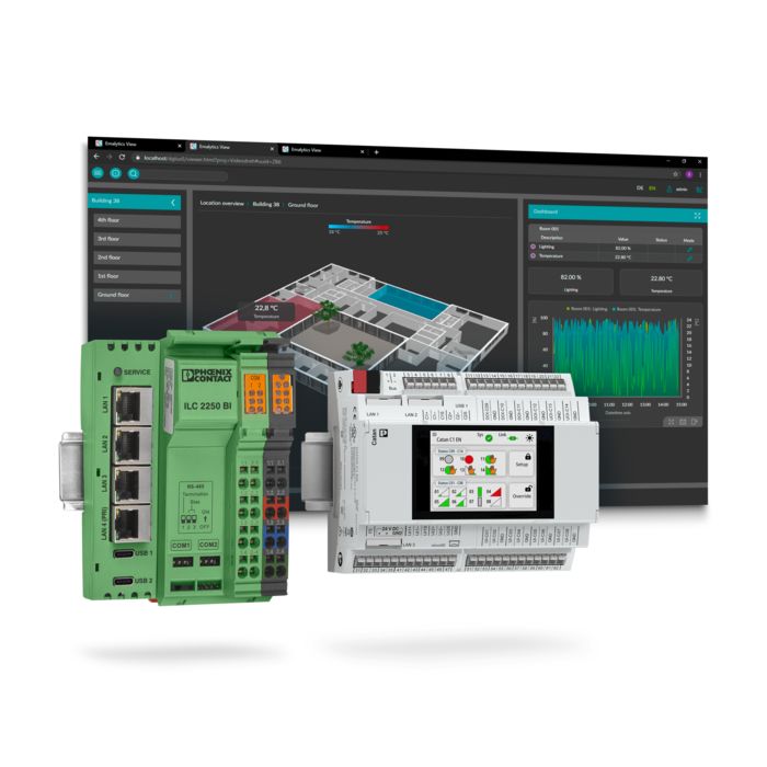 Building controls in front of the building management system dashboard