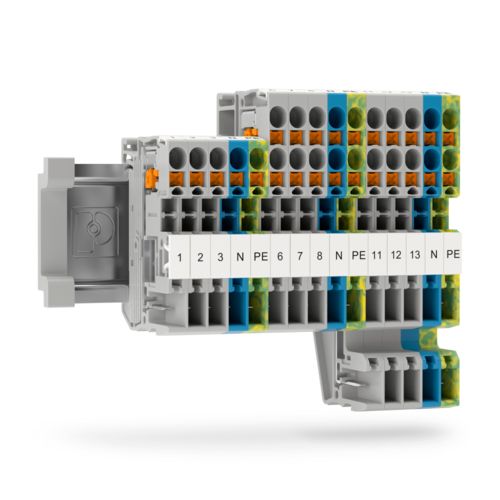 Réguas de bornes plugáveis com tecnologia Push-X em um trilho de fixação