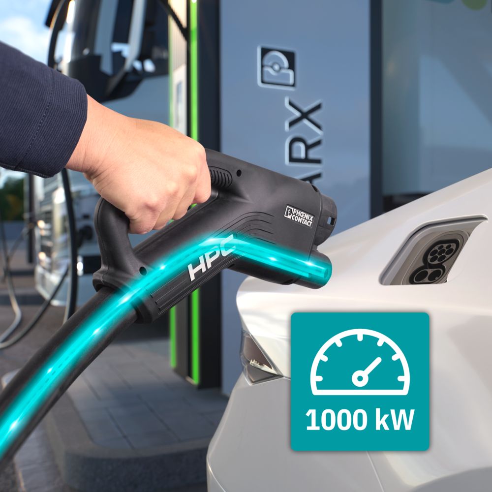 HPC charging cable being plugged into the CCS charging inlet of an electric car