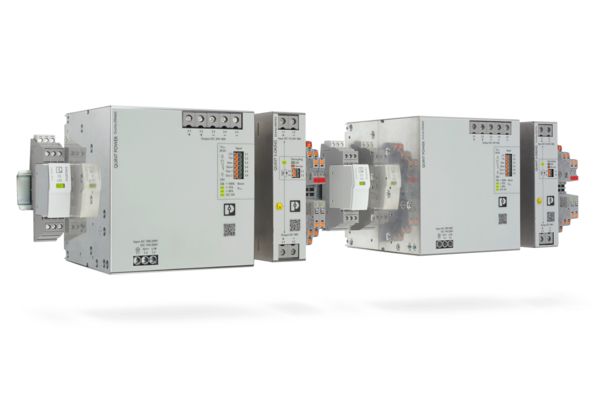 Komponenter for redundant systemforsyning montert på en topphattskinne