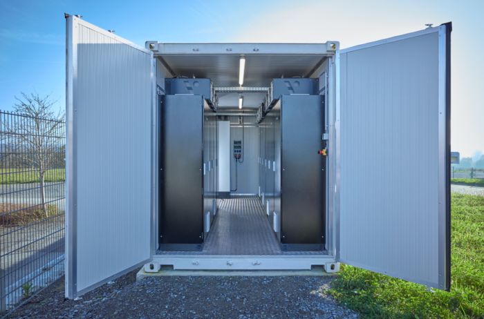 Open battery storage system in front of the All&nbsp;Electric&nbsp;Society&nbsp;Factory in Blomberg, Germany