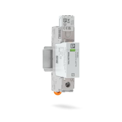 Single-position VAL-SPP-T2-350-1VF+0-UT-R surge protection mounted on a DIN rail