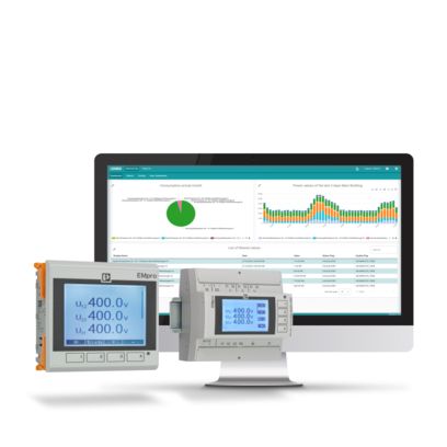 Energy monitoring software on a screen and EMpro energy measuring devices