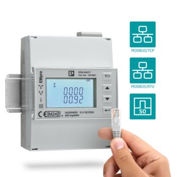 Energimåler med nettverkskabel og symboler for Modbus/RTU, Modbus/TCP og S0-grensesnitt