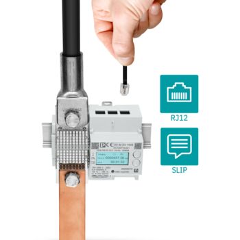 EMpro-DC-energimåler med symboler for RJ12- og SLIP-protokoll