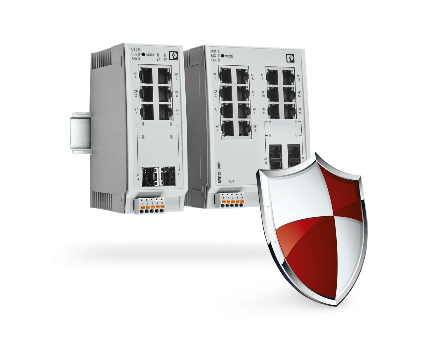 Industrial Ethernet switch with protective shield in front