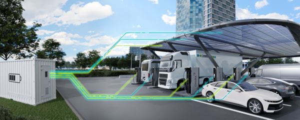Electric cars at fast charging stations that are supplied with renewable energy from the photovoltaic system