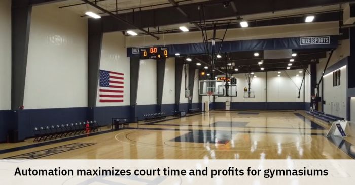 A photo of an indoor basketball court, showcasing the American flag, a score board, and the name "Rize Sports". The title reads, "Automation maximizes court time and profits for gymnasiums."