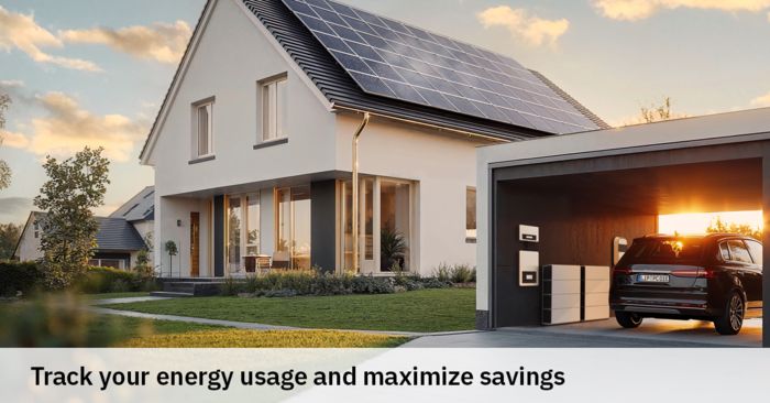 A photo of a house with solar panels on the roof, and an open garage with an electric vehicle and charging station inside. It appears to be Spring or Summer, with blooming flowers and trees, and a golden sunset shining through the garage. The text in the image says "Track your energy usage and maximize savings."