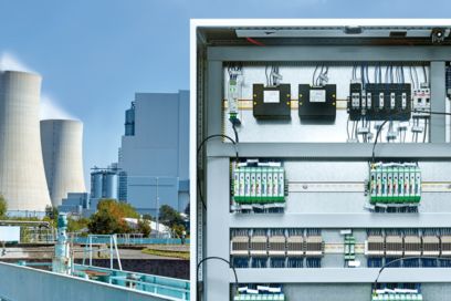 Control cabinet with power station in the background