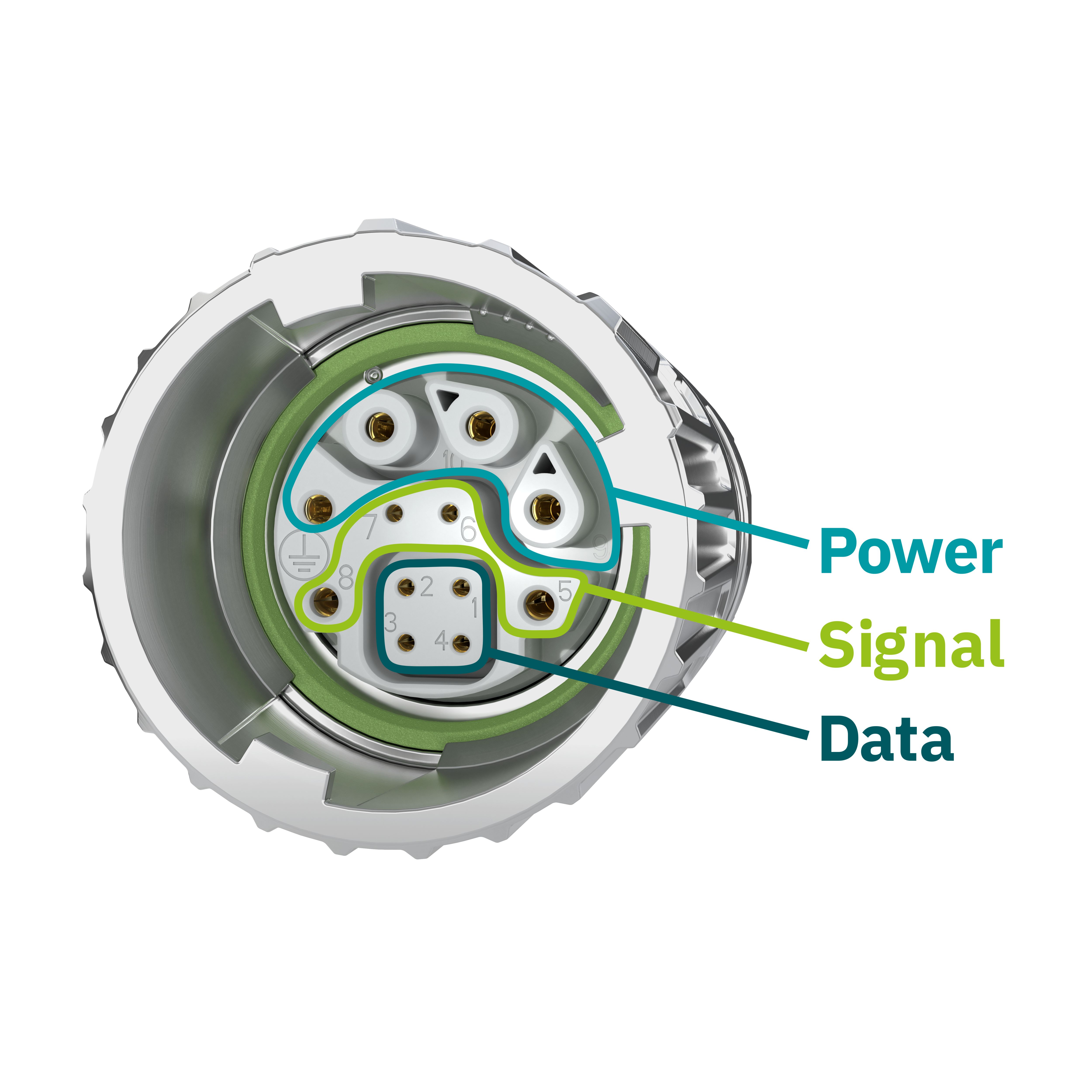Compact hybrid connection carrying power, signals, and data through one interface.