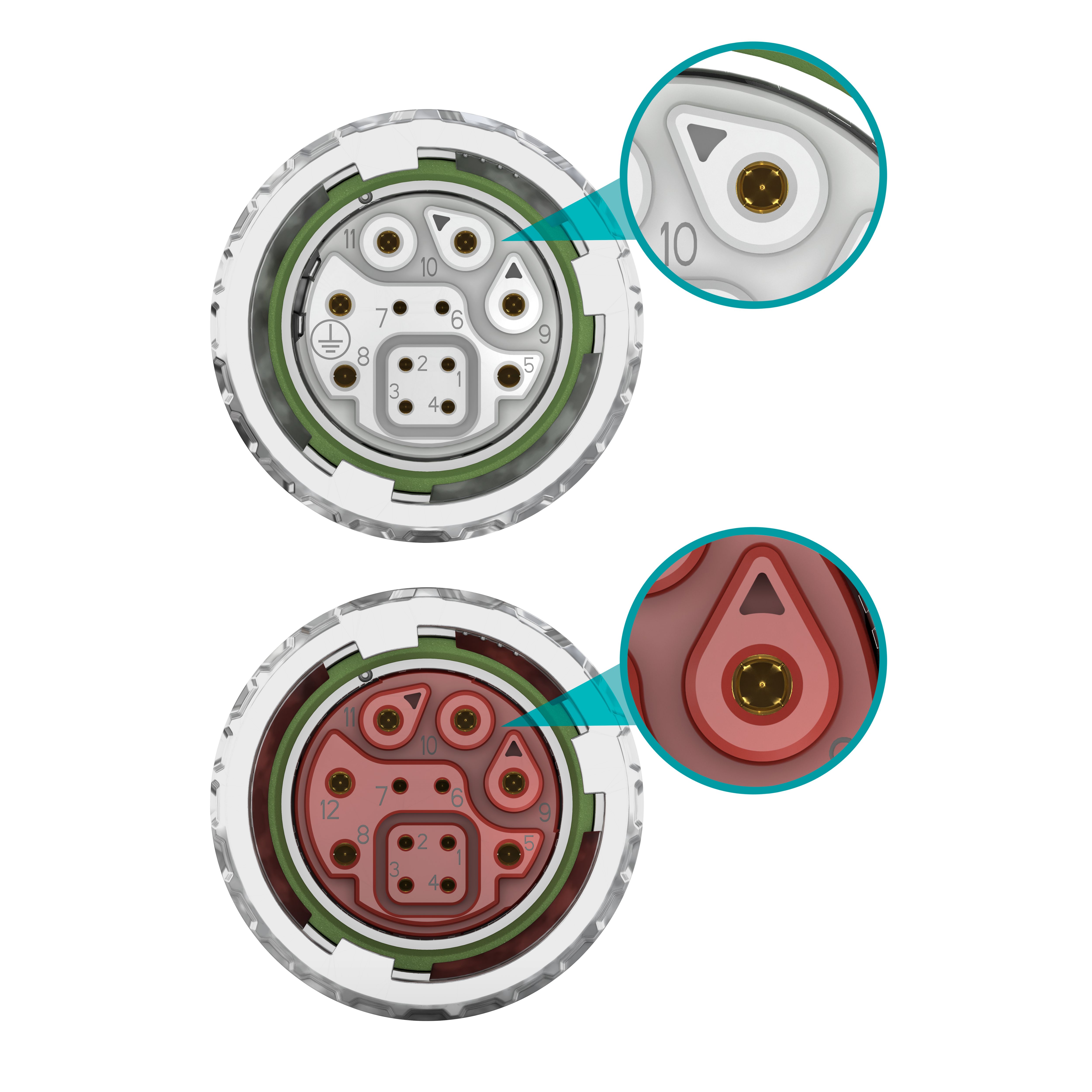 Mechanical and color coding used to distinguish hybrid connector versions.