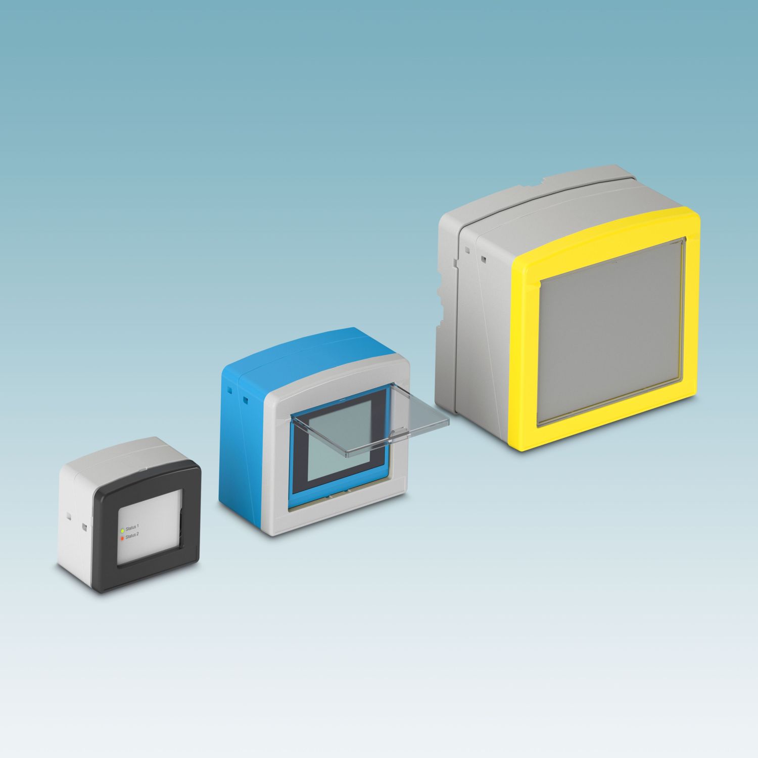A product photo of three clamshell-style monitoring cases each in a different size: the smallest is black, the medium-sized one is blue, and the large one is yellow.