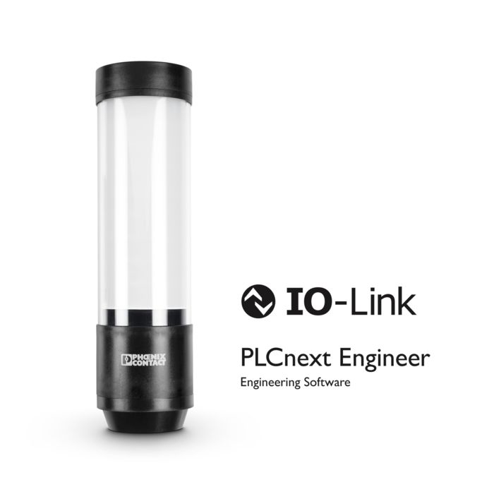 Signal tower with IO-Link and PLCnext&nbsp;Engineer logo