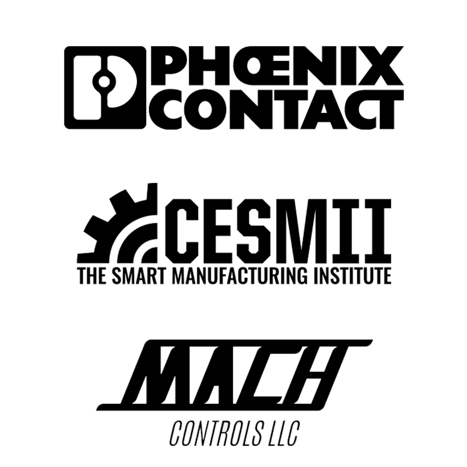 Three black logos against a white background: Phoenix Contact, CESMII The Smart Manufacturing Institute, and MACH Controls LLC