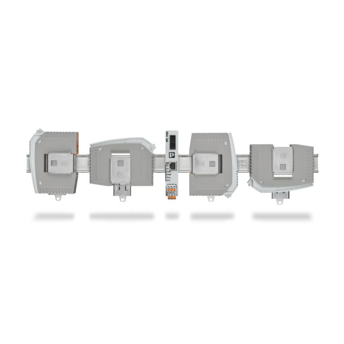 Five mounting versions of media converters on a DIN rail