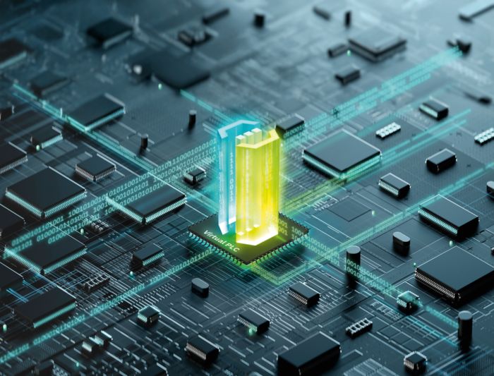 PCB with chip and illustrated Virtual&nbsp;PLCnext&nbsp;Control