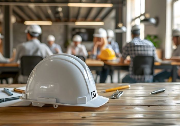 Tecnici che valutano la sicurezza di un macchinario industriale intorno a un tavolo