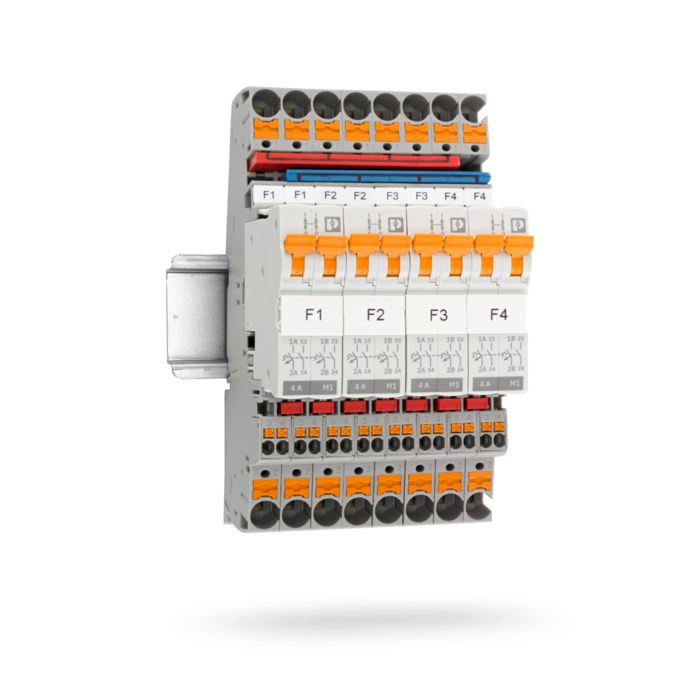 Four two-position PTCB TM device circuit breakers, plugged into base elements and connected to each other via bridges
