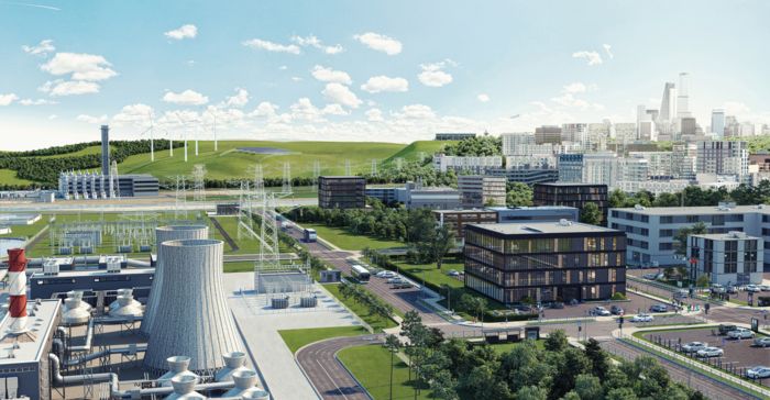 Landschap met gebouwen, energiecentrale, windpark, fotovoltaïsche installaties en infrastructuur