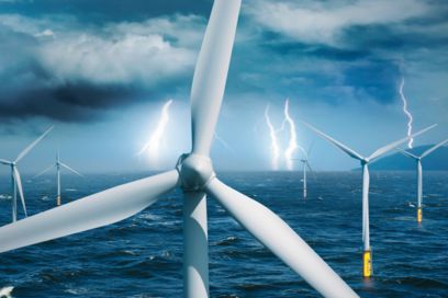Wind turbine generators on the ocean with lightning