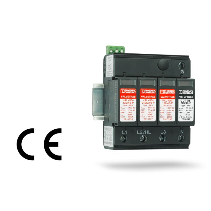 Surge protection for North American supply system configurations mounted on DIN rail with CE marking