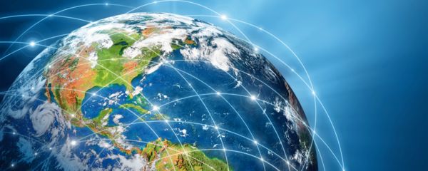 A bright graphic of the planet Earth surrounded by glowing blue atmosphere and bright points of light connected by curved lines.