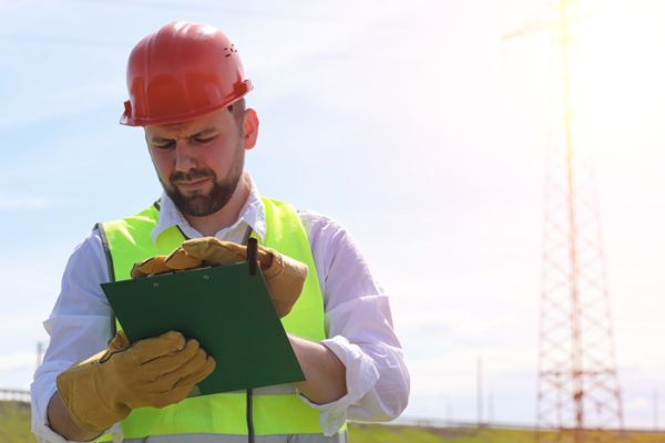 Arbeiter mit Schutzhelm und Schreibblock vor Hochspannungsleitung