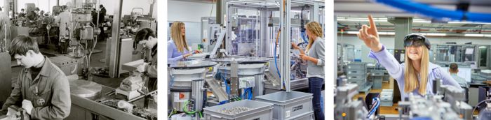 Three images depicting machine building at Phoenix Contact in the 1960s, in the present day, and in the future.