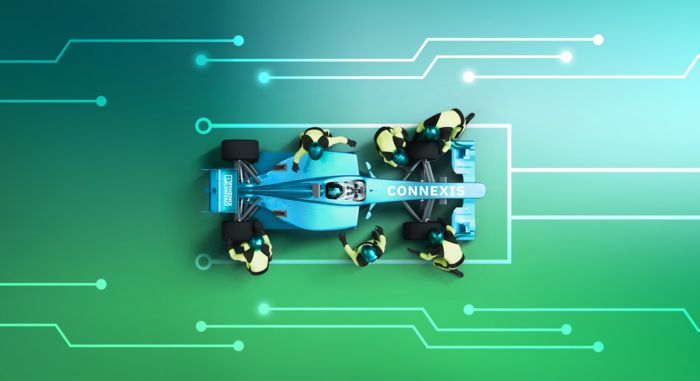 Coche de carreras con la inscripción CONNEXIS como figura simbólica de los conectores para placa de circuito impreso de la serie CONNEXIS