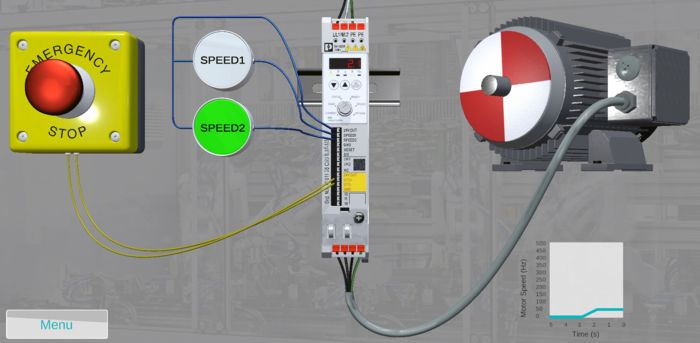 Online Simulationstool CONTACTRON-Speed-Starter mit Not-Halt-Taster, Verdrahtung und Motor