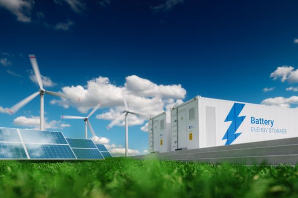 Acumulador de baterías junto a aerogeneradores y paneles solares