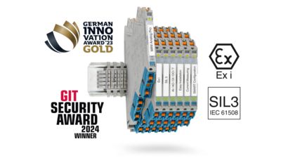 MINI&nbsp;Analog&nbsp;Pro Ex&nbsp;i signal conditioners and measuring transducers with SIL&nbsp;3 and Ex&nbsp;i logo as well as logos for GIT Security Award and German Innovation Award