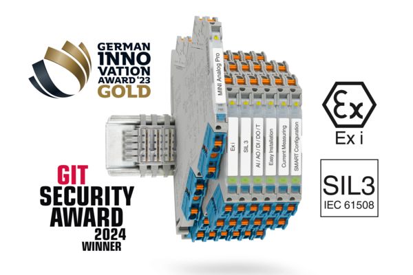 MINI Analog Pro Ex-i-scheidingsversterker op montagerail met Gold-winnaar-logo German Innovation Award en Winner-logo GIT Security Award
