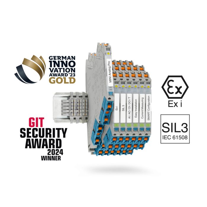 Amplificateurs-séparateurs Ex i MINI Analog Pro sur rail DIN avec logo du gagnant de la médaille d'or du German Innovation Award et du GIT Security Award