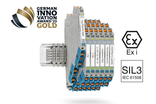 Acondicionador de señal Ex i MINI Analog Pro en carril DIN con logotipo de ganador de oro German Innovation Award