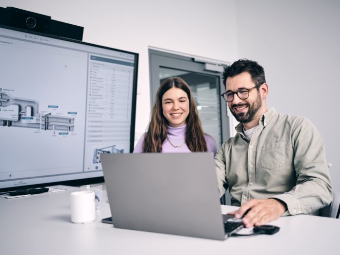 Two employees looking at a laptop 