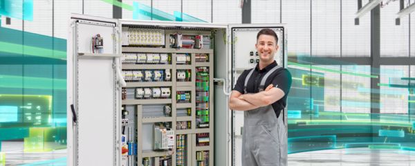 Person in front of a control cabinet