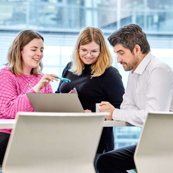 Mitarbeitende sitzen an einem Tisch und schauen auf einen Laptop