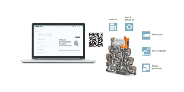 Ordenador portátil con documentación de CO₂, código QR y ciclo de vida del producto de un relé