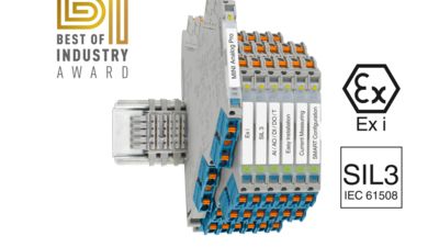 Acondicionadores de señal ultracompactos con seguridad intrínseca y SIL 3 en el carril DIN con el logotipo del premio Best of Industry Award
