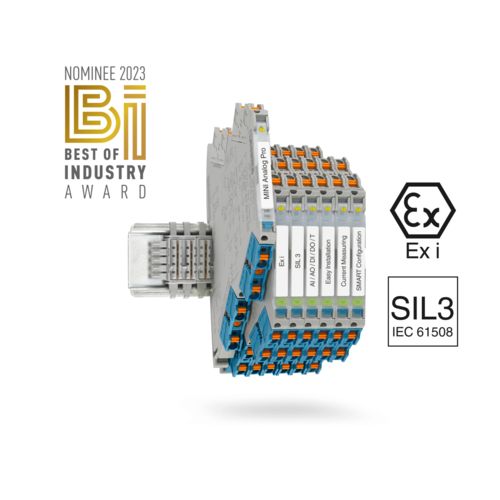 Highly compact signal conditioners with Ex i and SIL 3 on a DIN rail with the Best of Industry Award logo