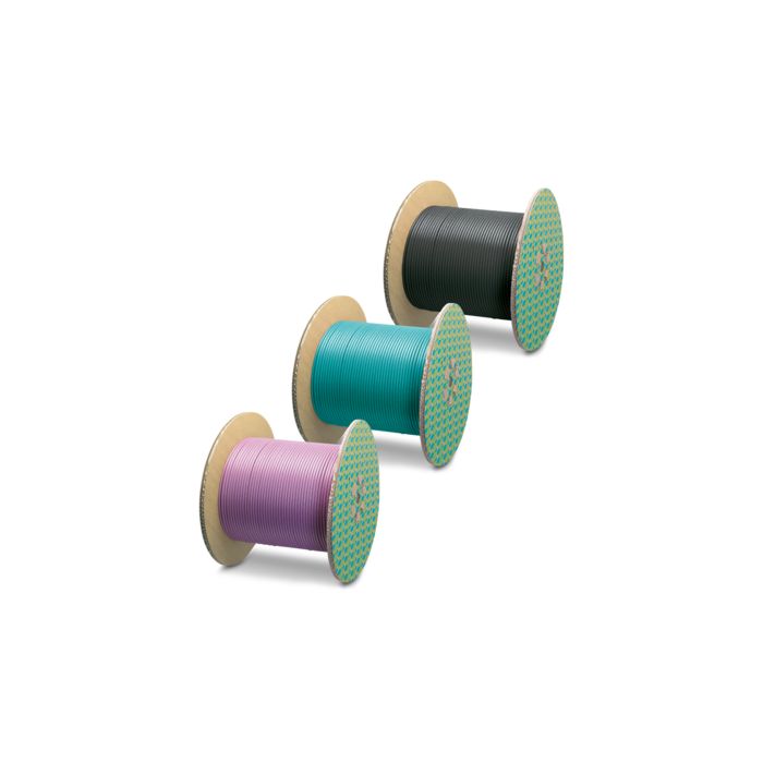 Three different colored cable reels with cables by the meter