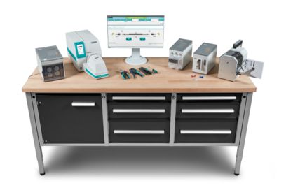 Workbench with monitor, automatic tools, tools, and printer for wire preparation