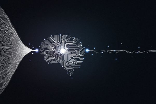 Intelligenza artificiale astrattamente rappresentata su sfondo nero