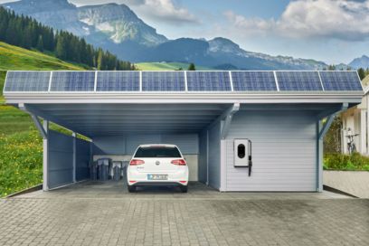 Evtec home charger for bidirectional DC charging in a garage with electric car