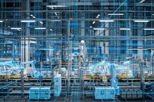 Fabricación de carrocerías en la producción de automóviles con líneas azules de digitalización