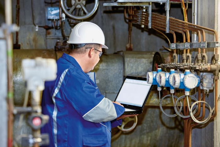 Maintenance personnel with laptop in a power station