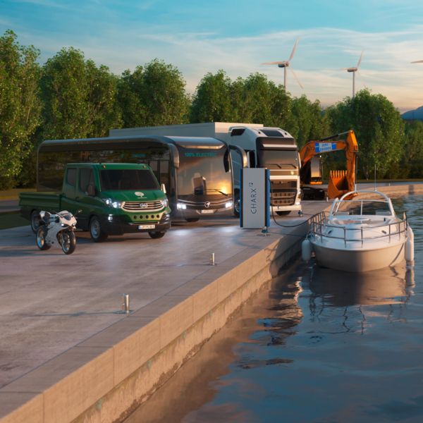 Vários veículos elétricos: motocicleta, van, ônibus, caminhão, escavadeira, barco